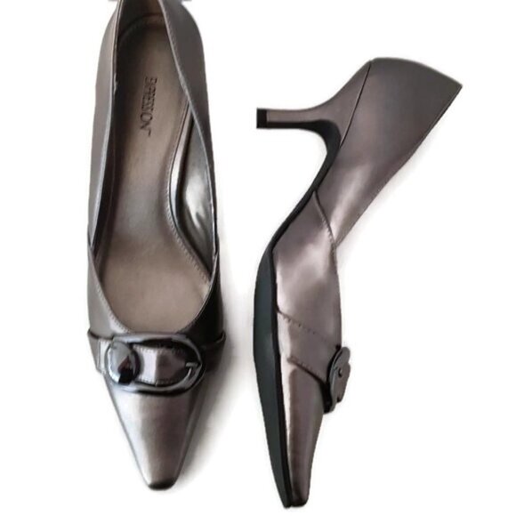 Size 10 Fits 9.5 Bronze Silver Pumps With Buckle By Expression - Picture 3 of 4
